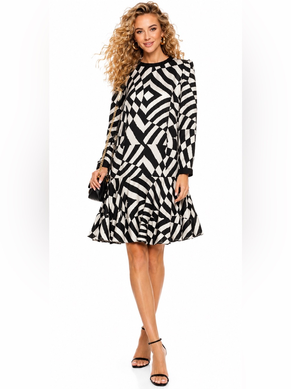 Louis Feraud Vintage Black White Silk Geometric Mini Dress US 8